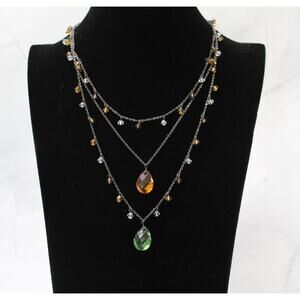 Three Strand Antiqued Gold Necklace with Amber, Green, and Clear Bead Drops N72